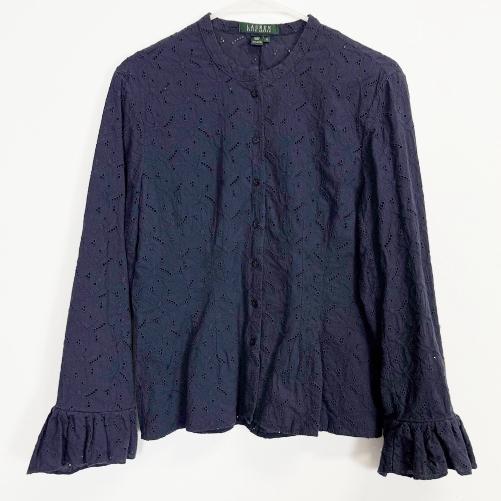 Lauren Ralph Lauren Shirt Women 12 Navy Blue Button Up Blouse Ruffle Cuff Eyelet